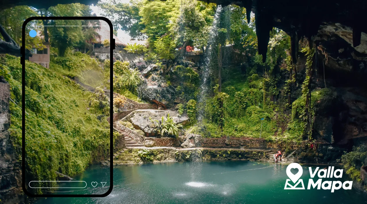 Cenote cerca de Valladolid con telefono y logo de VallaMapa para contenido de Instagram y TikTok